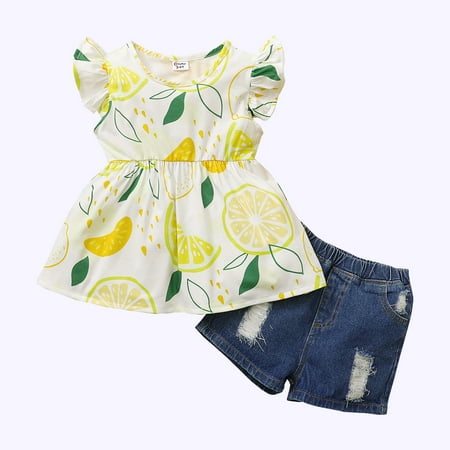 

KIMI BEAR Toddler Baby Girls Dresses Outfits 4T Toddler Girls Summer Clothes 5T Girls Sunflower Fly Sleeve T-shirt Denim Shorts 2PCs Set White Yellow