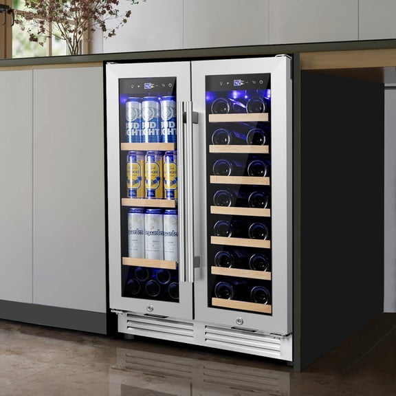 24" Wine and Beverage Refrigerator 20 Bottle 60 Can Dual Zone Built-In/Freestanding Classic Beverage Wine Cooler