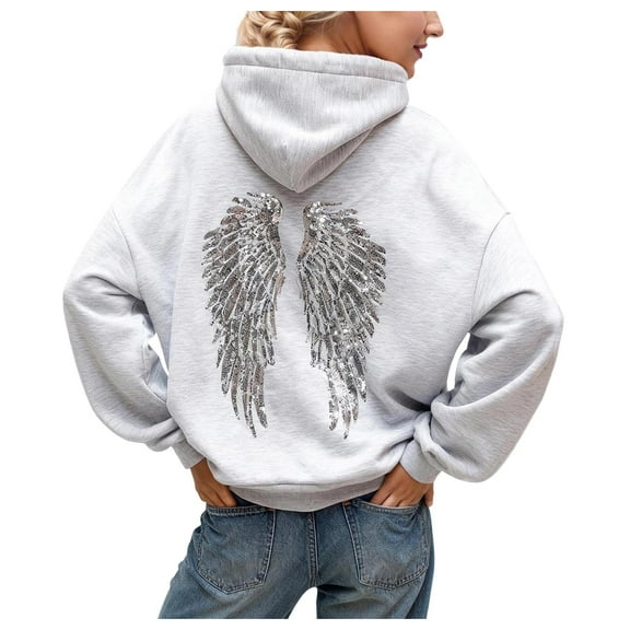 larppty Women's Oversized Hoodie with Silver Sequin Angel Wings Design - Casual Loose Pullover Sweatshirt for Daily Party Wear（Grey，S）