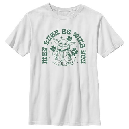 Boy's Star Wars: The Mandalorian St. Patrick's Day Grogu May Luck be with You Retro Graphic Tee White Small