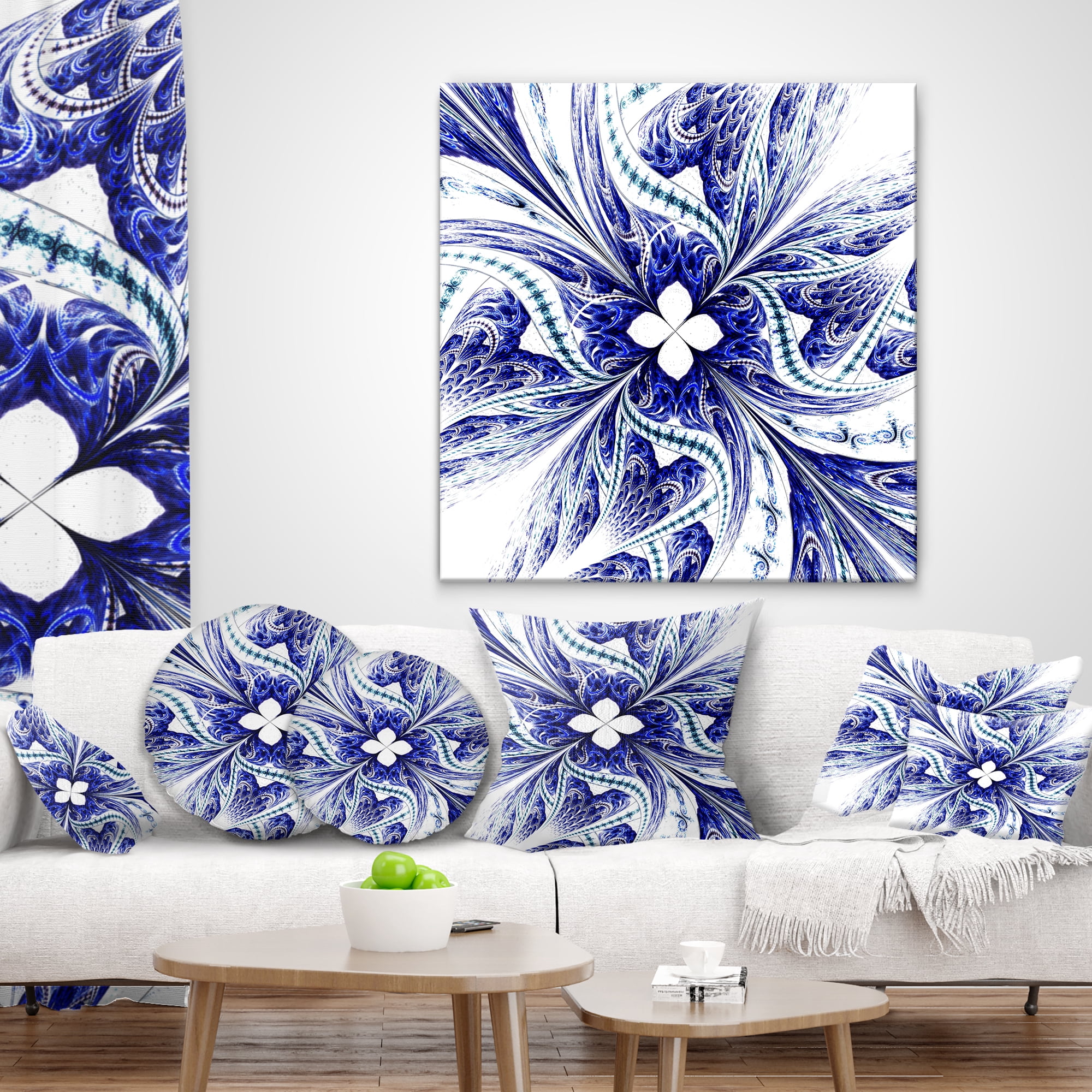 Designart Symmetrical Blue White Fractal Flower - Floral Throw Pillow - 18x18