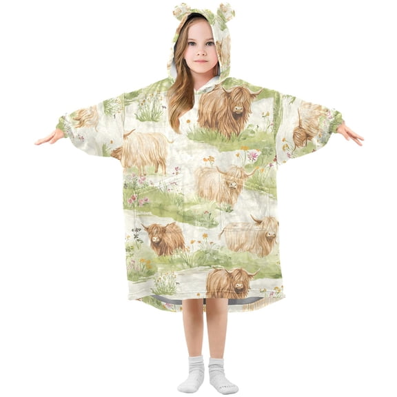 joogoo Wearable Blanket Hoodie for Highland Cattle Flower-w3 Oversized Sherpa Hooded 3-14 YR M