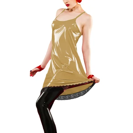 Night Party Sexy PVC Leather Spaghetti Strap A-line Dress Women Lingerie Female Sleeveless Sling Pajamas