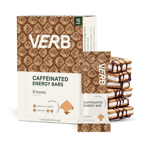 Verb Energy - Barras energéticas con cafeína S'mores 110 calorías bajas en azúcar - Barras nutricionales - Snacks veganos - Barras de desayuno sin gluten con té verde orgánico, 26 g (paquete de 16)
