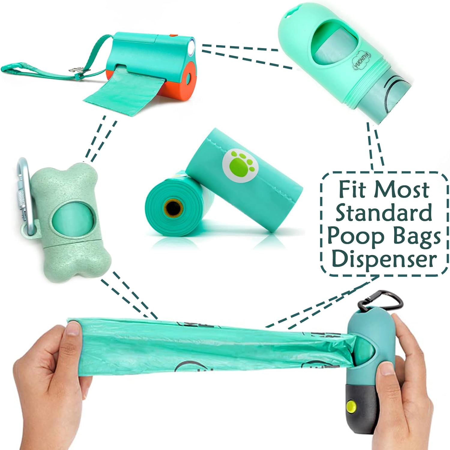 Dog Poop Bags Holder with LED Flashlight|Pet Waste Bags Dispenser for Leash|Doggie Potty Bags Container with Leak-proof Pet Trash Bags and Accessories (180 Bags, Crystal Blue)