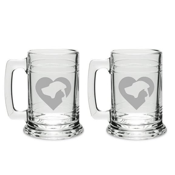 Cat Dog Heart Deep Etched Glass Tankard Mug Set of 2