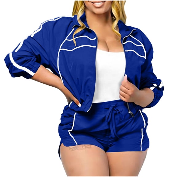 AHTJRT 2 Piece Workout Sets for Women Lounge Activewear Tracksuit Long Sleeve Zip up Cropped Jackets Jogger Shorts Sweatsuit Sets with Pockets Dark Blue M