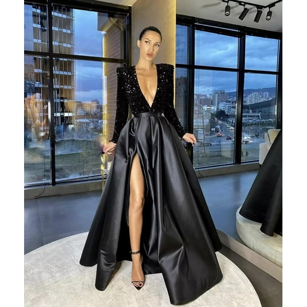 Vestido de noche largo con escote en V, manga larga y un hombro al aire, sexy, con lentejuelas grandes y abertura para mujer