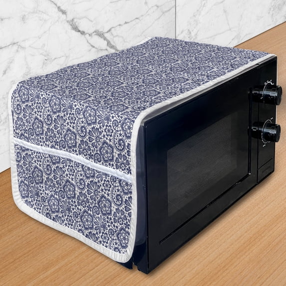 Victorian Microwave Oven Cover, Lace Style Pattern with Graphic Needlecraft Motifs Classic Gothic Ornament, Water Resistant Organizer with Pockets Kitchen, 36" x 12", Dark Blue Coconut, by Ambesonne