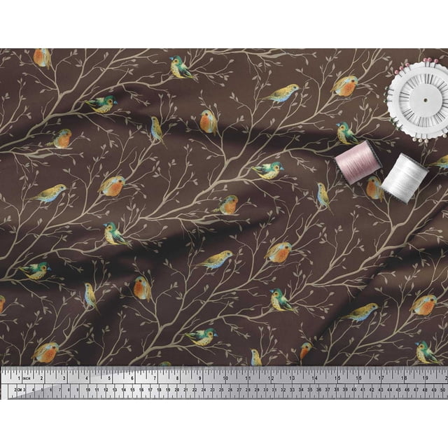 Soimoi Brown Rayon Fabric Leaves & Flowerpecker Bird Print Fabric by Yard 58 Inch Wide