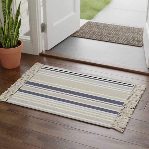 Beige Stripe Bathroom Rug 2'x3', Modern Abstract Art Navy Blue Striped Rustic Low Profile Front Entryway Rug with Tassels, Woven Cotton Washable Kitchen Mat Carpet for Foyer Bedroom Back Door Decor