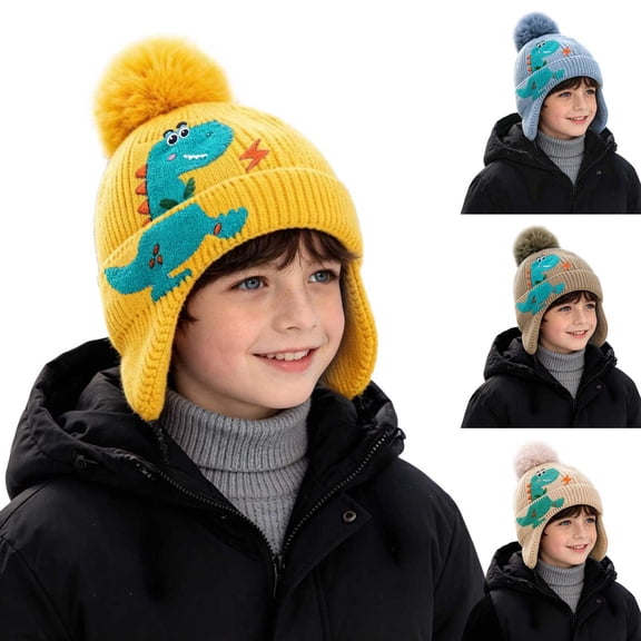 Lispipm Boys Dinosaur Embroidered Ear Cover Beenie Hat Pompom Fuzzy Balls Knit Warm Winter Cap for Toddler Travel Skiing Beige 3-6 Years