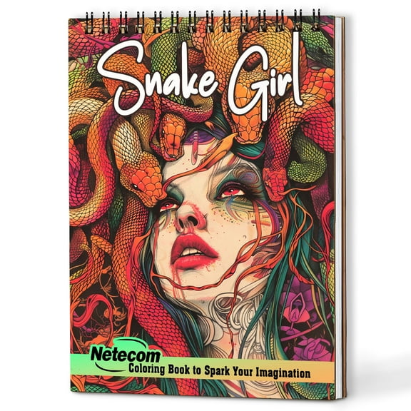 Netecom Snake Girl Coloring Book for Adults, A5 Wooden Cover, 30 Enchanting Portrait Coloring Pages of Serpentine Beauties for Stress Relief and Relaxation, Spiral Bound Edition