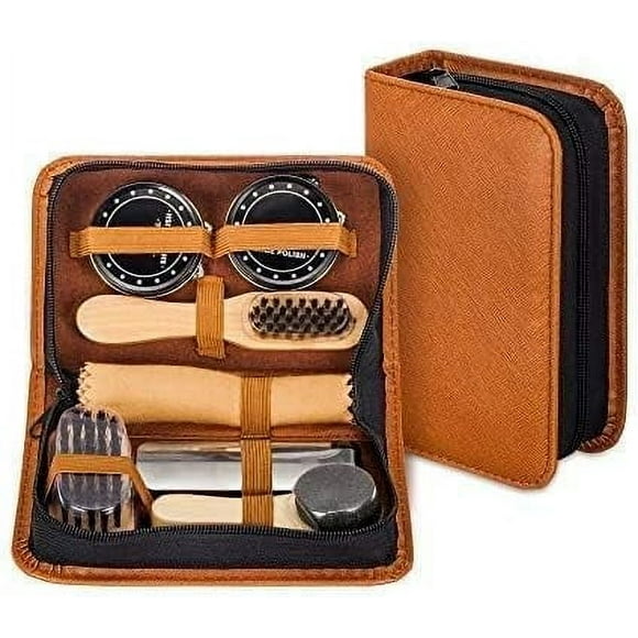 Shoe Shine Kit with PU Leather Sleek Elegant Case, 7-Piece Travel Shoe Shine Brush kit