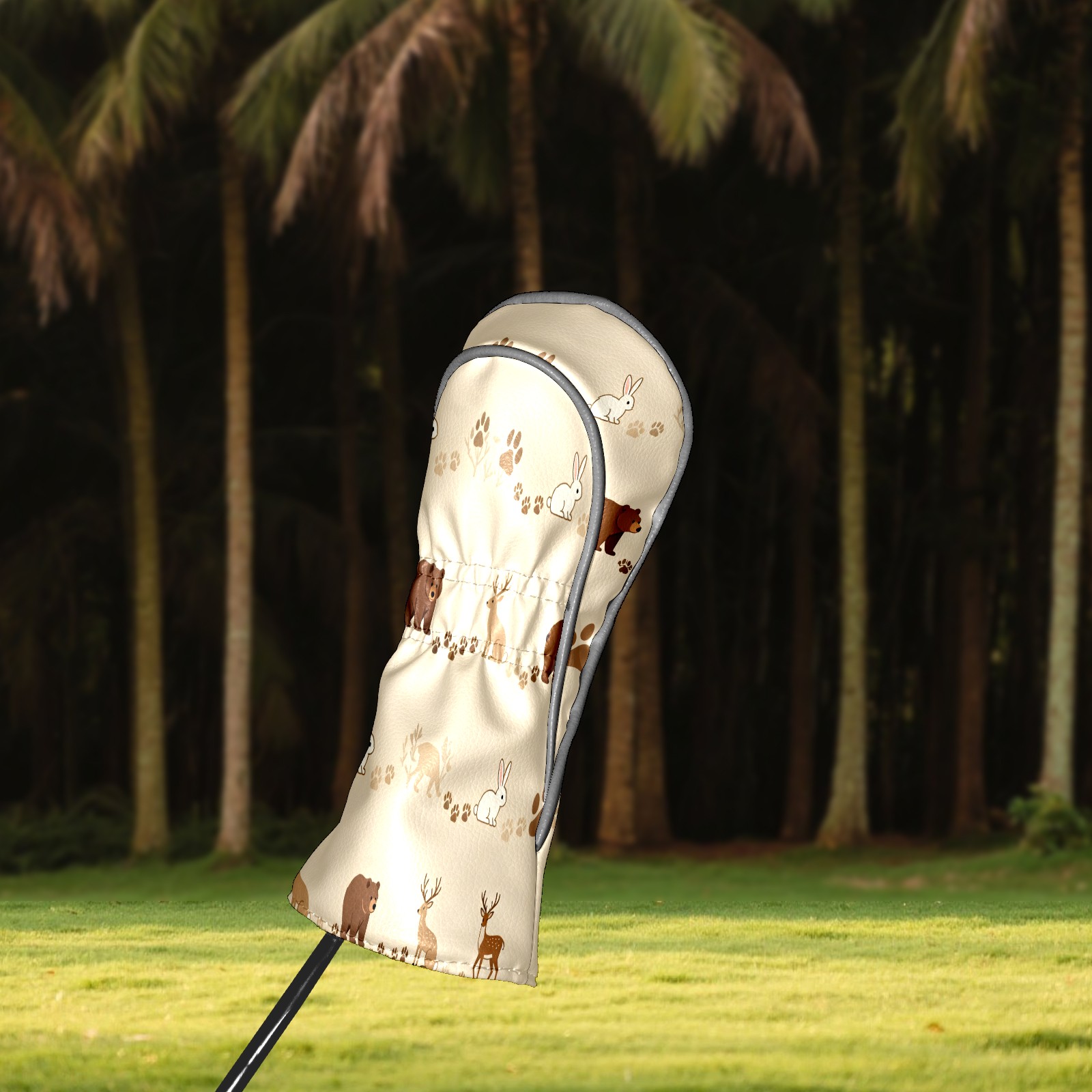Golf Club Covers, Beige ForestAnimal Premium PU Leather Driver Hybrid Putter Head Covers with Velvet Lining, Waterproof Golf Gifts for Men Women