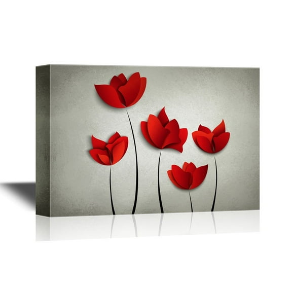 wall26 Canvas Wall Art - Abstract Red Flowers on Grey Background - Gallery Wrap Modern Home Art | Ready to Hang - 16x24 inches