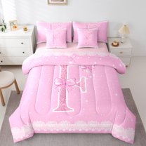 Manfei Letter F Monogrammed 7-Piece Twin Bedding Sets,Pink Sparking Print Bedding Comforter Set,Cute Bow Bowtie Sheet Sets For Child,Microfiber Room Decorative Reversible