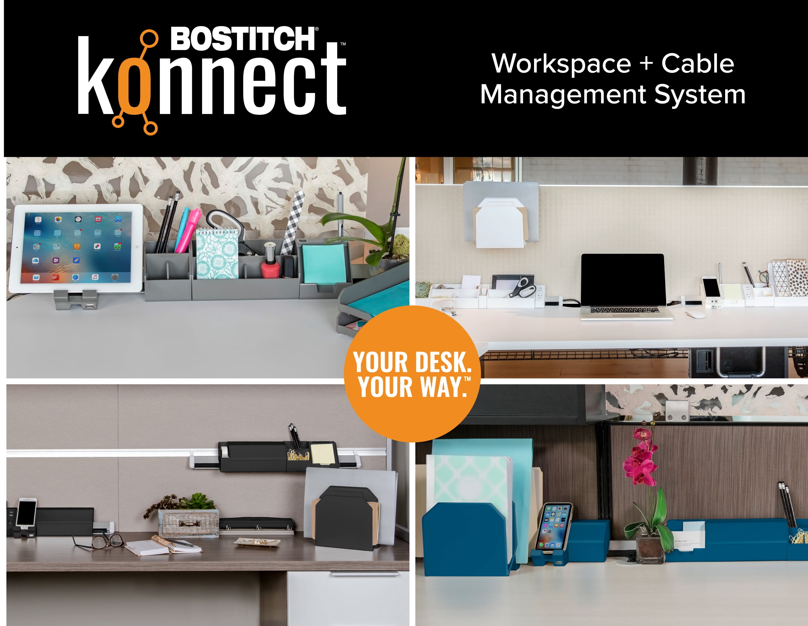 Bostitch Konnect™ 21.5" Cable Management Rail for Routing + Hiding Cords, Sticks to Desk