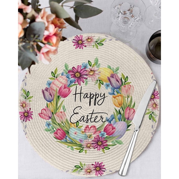 15 Inch Round Placemats Set of 4, Spring Floral Non Slip Heat Insulation PP Table Mats, Watercolor Easter Eggs Wreath Plants Beige Washable Place Mats for Kitchen Dining Party Table Decor