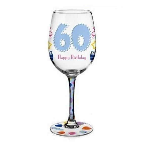 Bottom's up 15-Ounce 60 Happy Birthday Handpainted Wine Glass multi-color