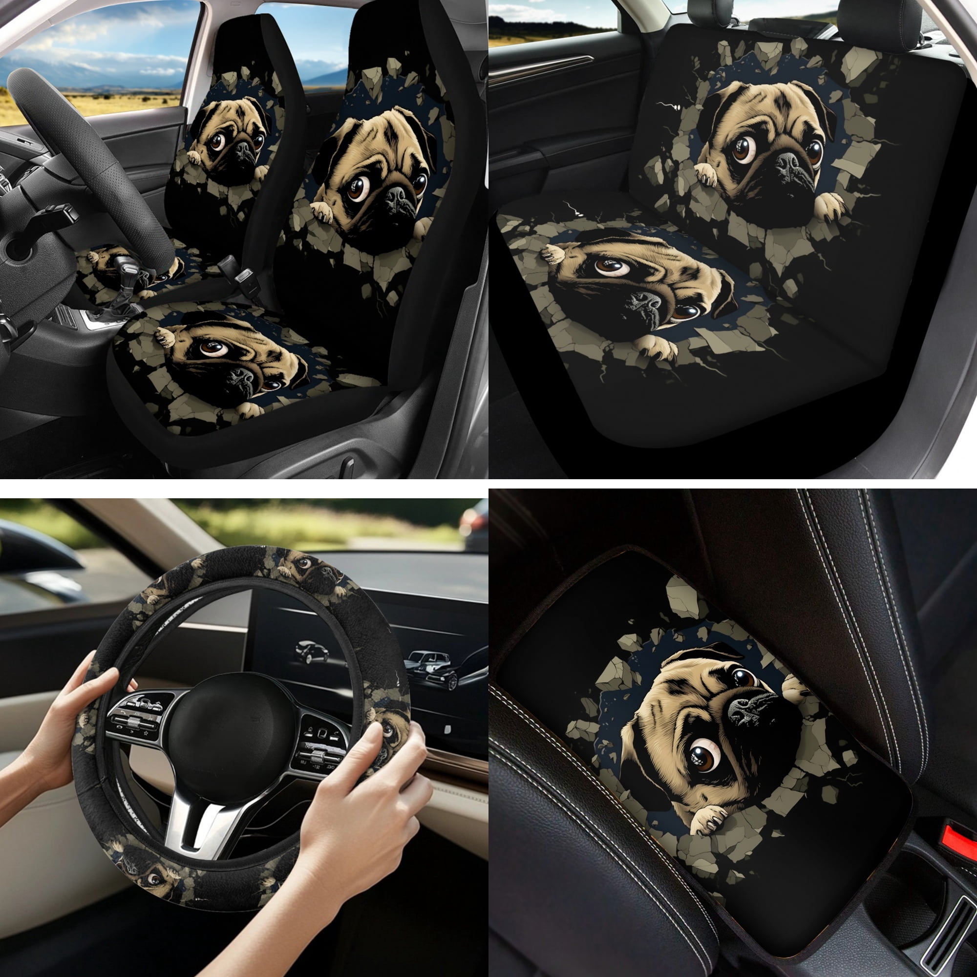 Jeiento Cute Pug 13 PCS Car Seat Cover Set, with Steering Wheel Seat Belt Covers Center Console Pad Coasters Keychain Lipstick Holder Auto Interior Accessories Full Set for Women Men