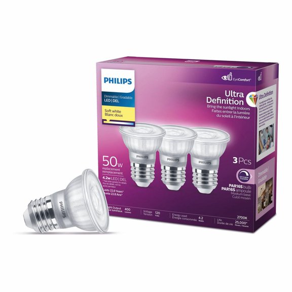 Ampoules LED PAR16 PHILIPS 4,4 W 50 W à culot moyen, blanc doux, ultra haute définition, à intensité variable, paquet de 3