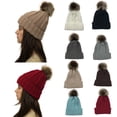 thumbnail image 2 of Gorro de lana con puños y pompón de piel sintética afelpada y forro polar, tejido con cable grueso, bola de lana, cálido, para mujer, 2 of 3