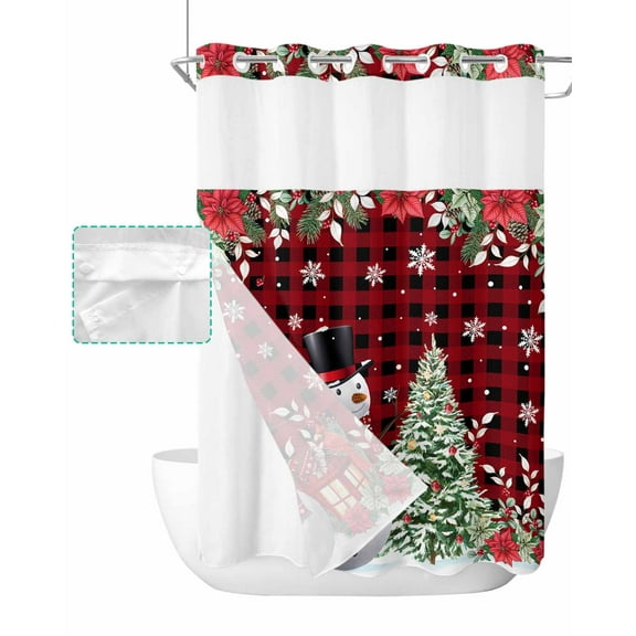 No Hook Shower Curtain with Snap in Liner, Christmas Floral Xmas Tree Snowman Red Black Plaid Hotel Shower Curtains for Bathroom, Washable Shower Curtain Liner Set with Mesh Top Window, 48"x72"