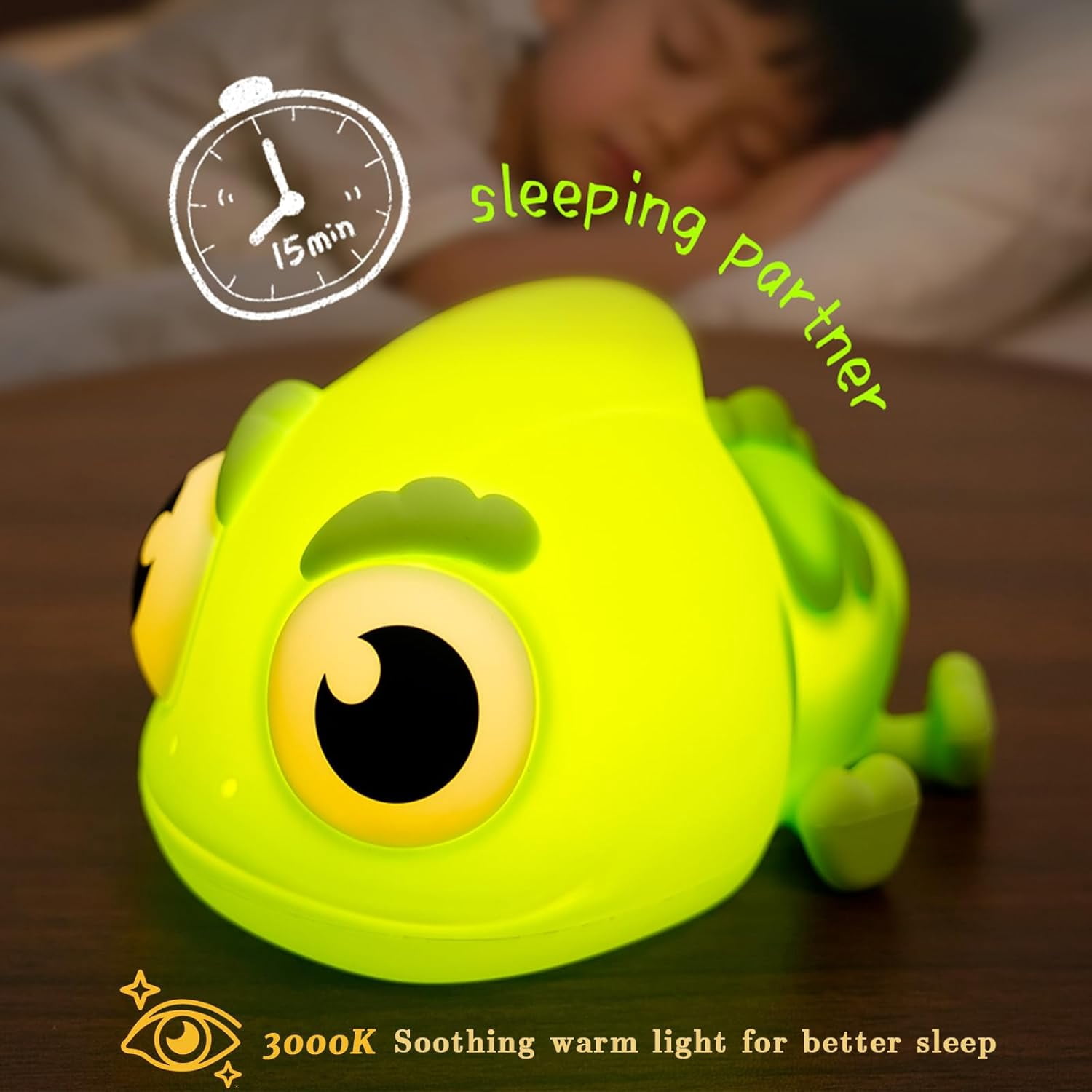 CATPAN Big Head Chameleon Night Light for Kids, Cute Green LED Lizard Light for Baby Nursery Gifts for Boys and Girls, 3 Level Tap Adjust Silicone Chameleon Lamp Rechargeable Kids Lamp with Timer