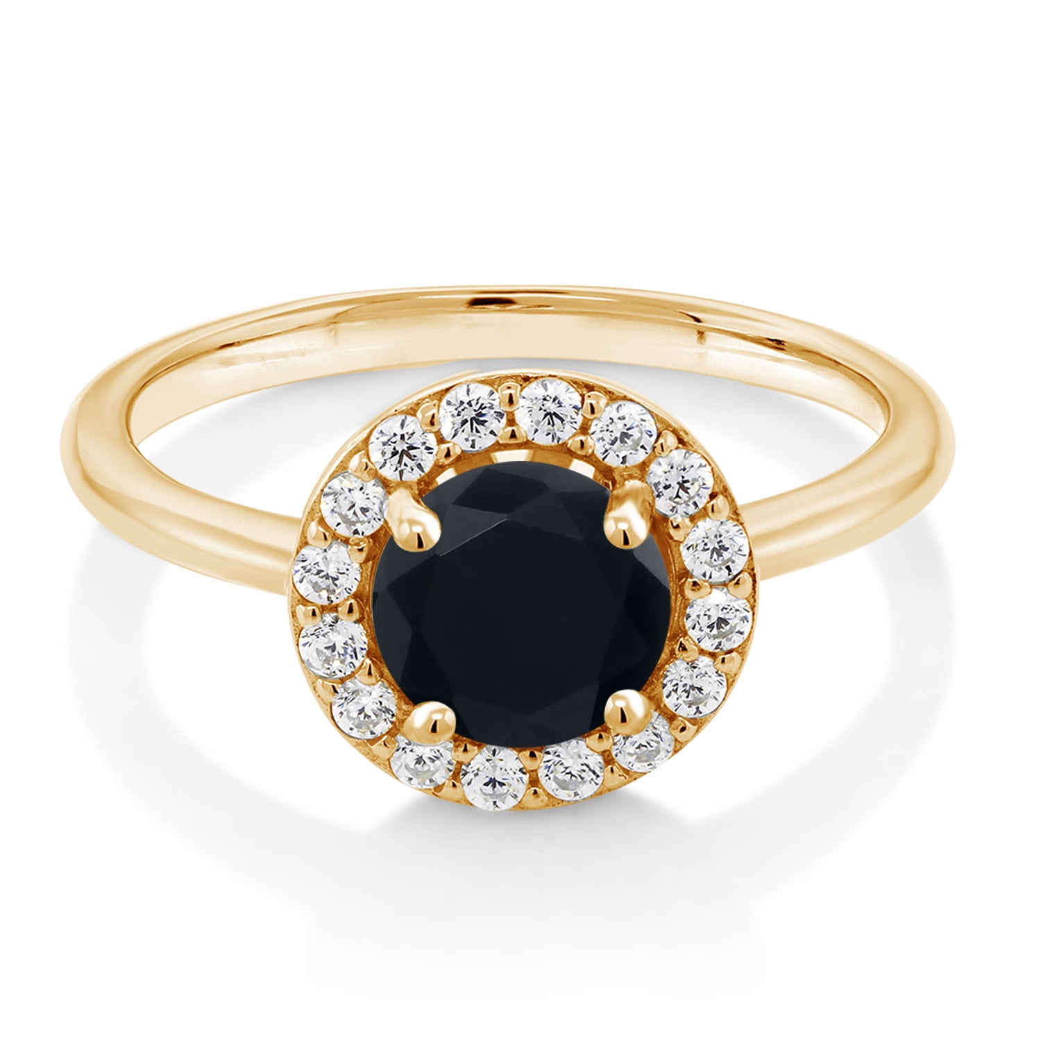 Gem Stone King 18K Yellow Gold Plated Silver Black Onyx and White Moissanite Halo Engagement Ring for Women (1.41 Cttw, Gemstone December Birthstone, Round 7MM, Size 7)