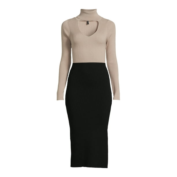BCBG Paris High Neck Front Cut Out Long Sleeve Black and White Ribbed  Bodycon Midi Sweater Dress, Sizes XS - XXL - Walmart Business Supplies