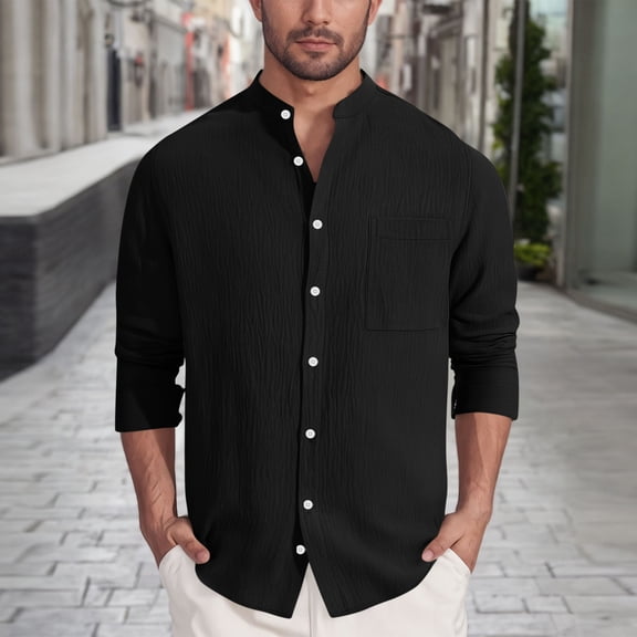 Mens Button Up Blouses Fashion Casual Solid Color Workwear Shirt Tops Long Sleeve Turndown Collar Blouse Tees Black XXL