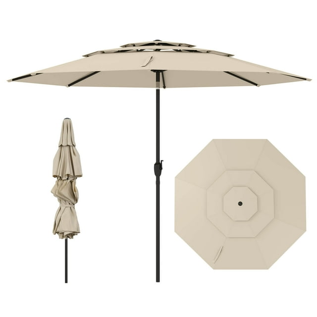 Costway 10 ft 3-tier Vented Patio Umbrella Large Market Table Umbrella Outdoor Sun Shade Beige