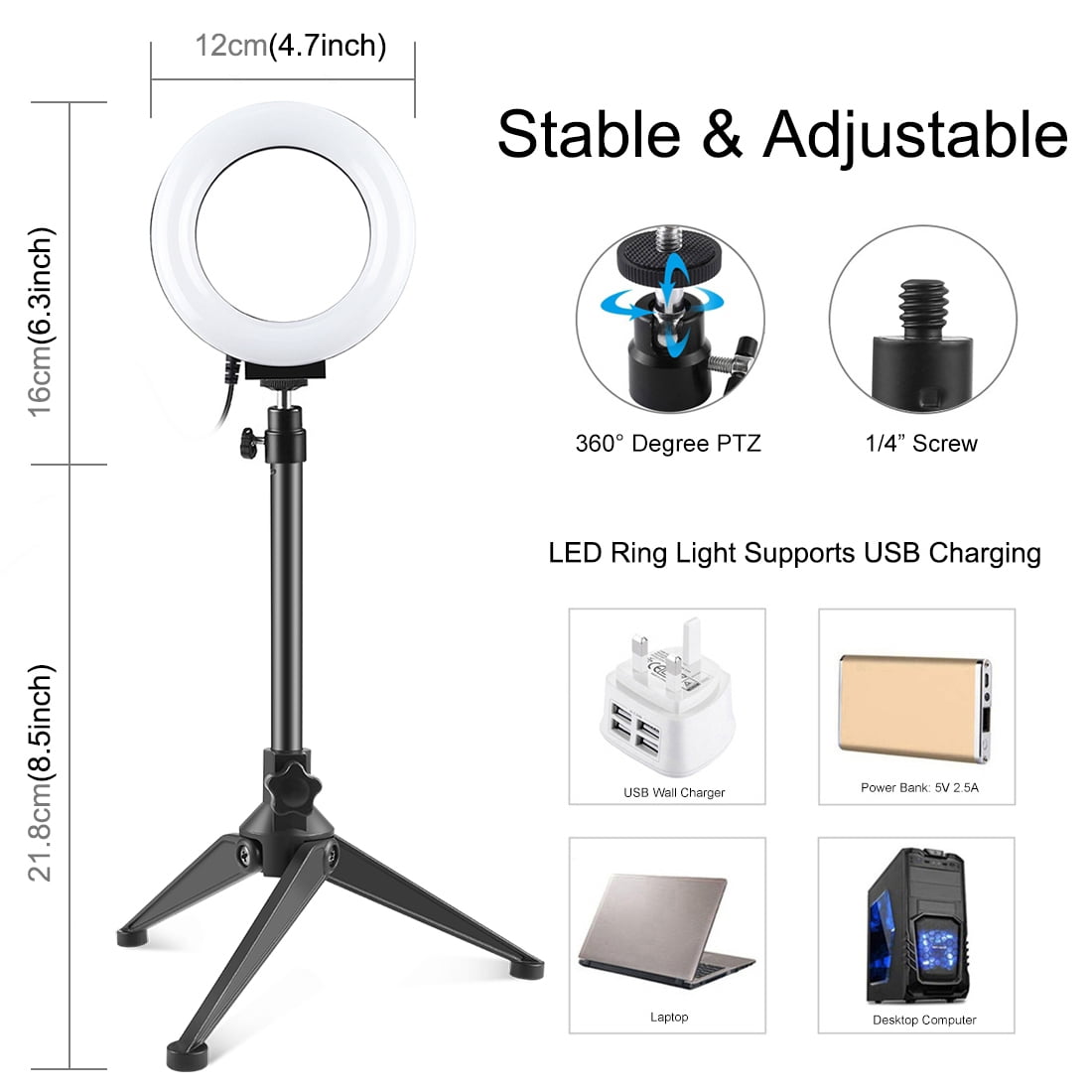 PULUZ 4.7 inch 12cm USB 3 Modes Dimmable LED Ring Vlogging Photography Video Lights + Desktop with