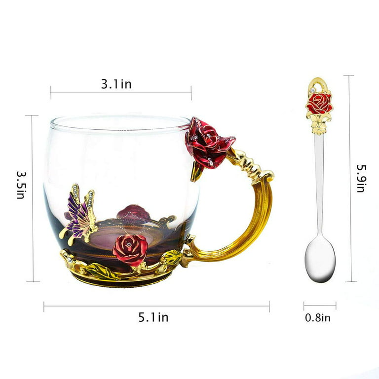 Flower Glass Tea Cup Coffee Mugs Gifts with Spoon Beautiful Rose Flower Butterfly Glass for Women Girl Friend Wife, Size: Size2-1PCS, Clear