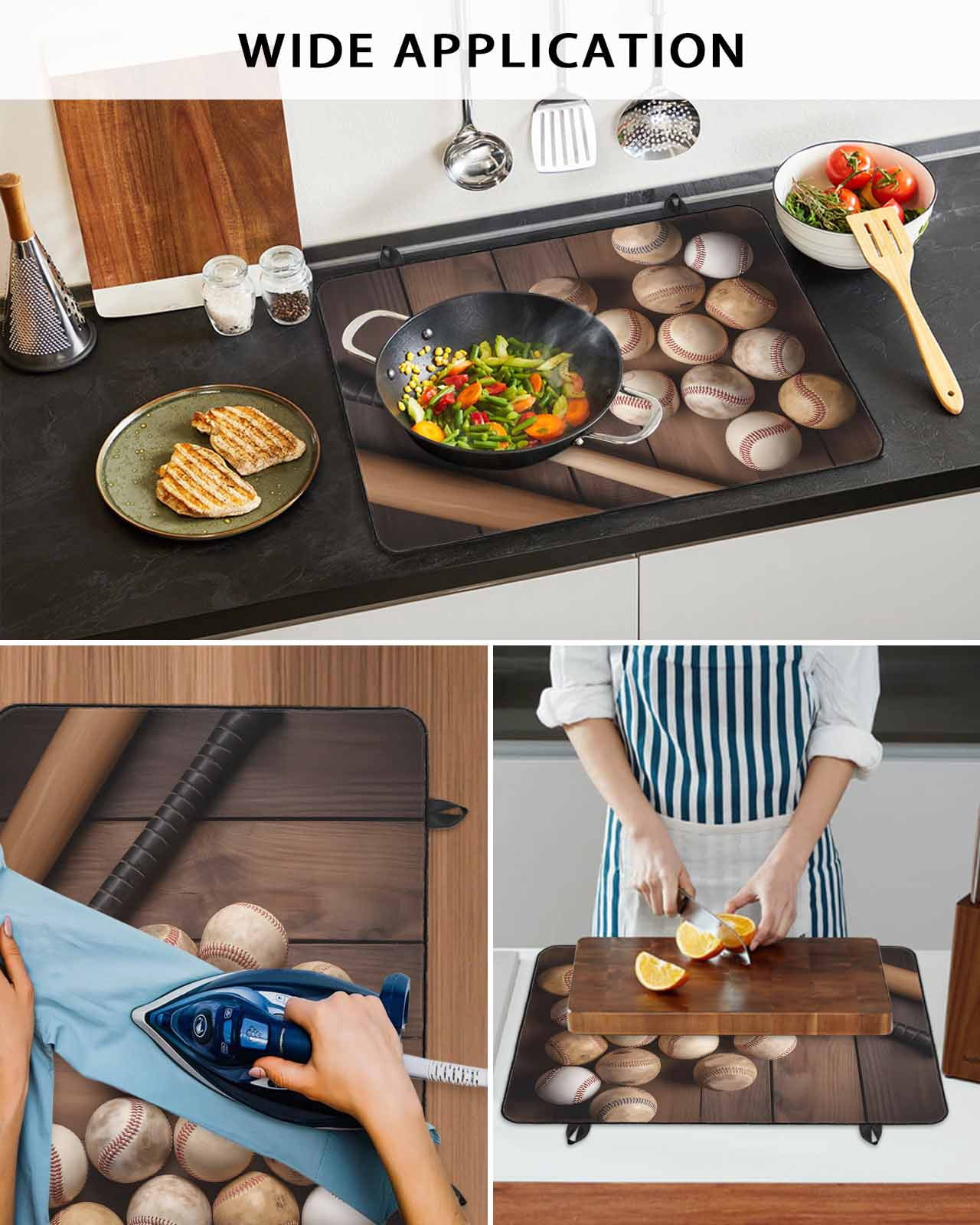 Large Induction Cooktop Protector Mat Baseball Stove Top Covers for Electric Stove, Farmhouse Retro Sport Theme Brown Wooden Grain Decorative Stove Burner Cover Mats, Glass Top Stove Cover