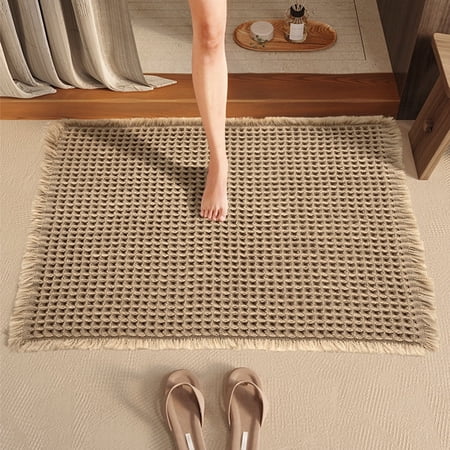 Waffle-Weave Fringed Bath Mat, Non-Slip Quick-Dry Rectangular Floor Rug for Household Bathroom Use-Tassel small square-card16.77"W x 23.79"L