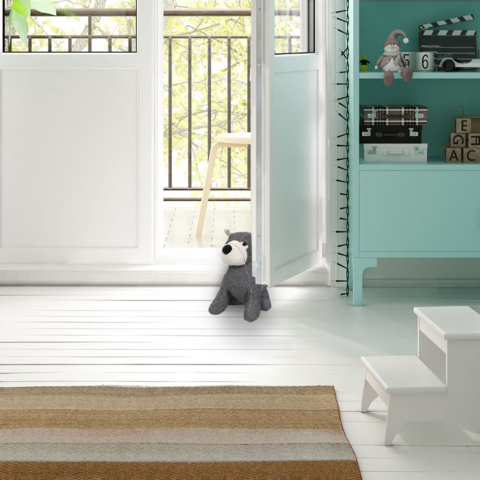 Decorative Dog Door Stop - 2.3 lb. Weighted Door Stopper for Living Room, Bedroom or Office - Adorable Puppy Design with Black and White Herringbone Fabric - Durable and Stylish Door Holder