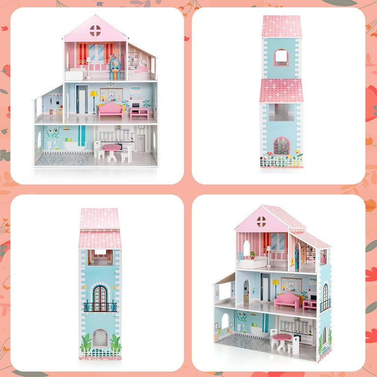 Costway Wooden Dollhouse For Kids 3-Tier Toddler Doll House W/Furniture  Gift For Age 3+