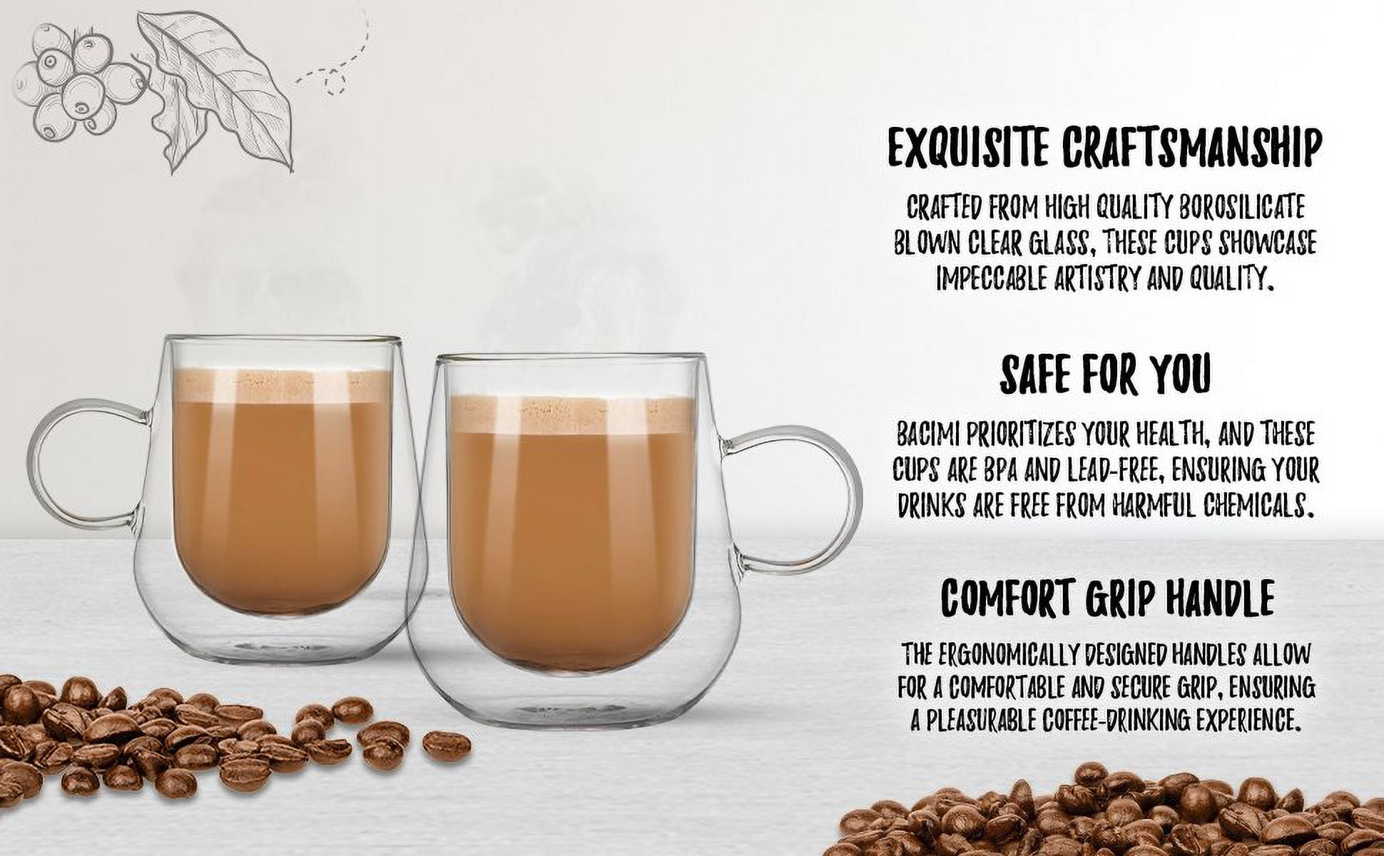 Bacimi Double Wall Insulated Coffee Mugs Set of 2 / 12oz - Clear Borosilicate Mug with Handle - Thermal Drinking Cups for Espresso, Cappuccino, Latte, Tea, Hot Beverage, Wine - Microwave Safe