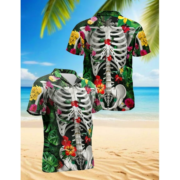 Skeleton Flowers On The Inside Hawaiian Shirt for Men, Button Down Summer Beach Short Sleeve, Tropical Style, S-5XL