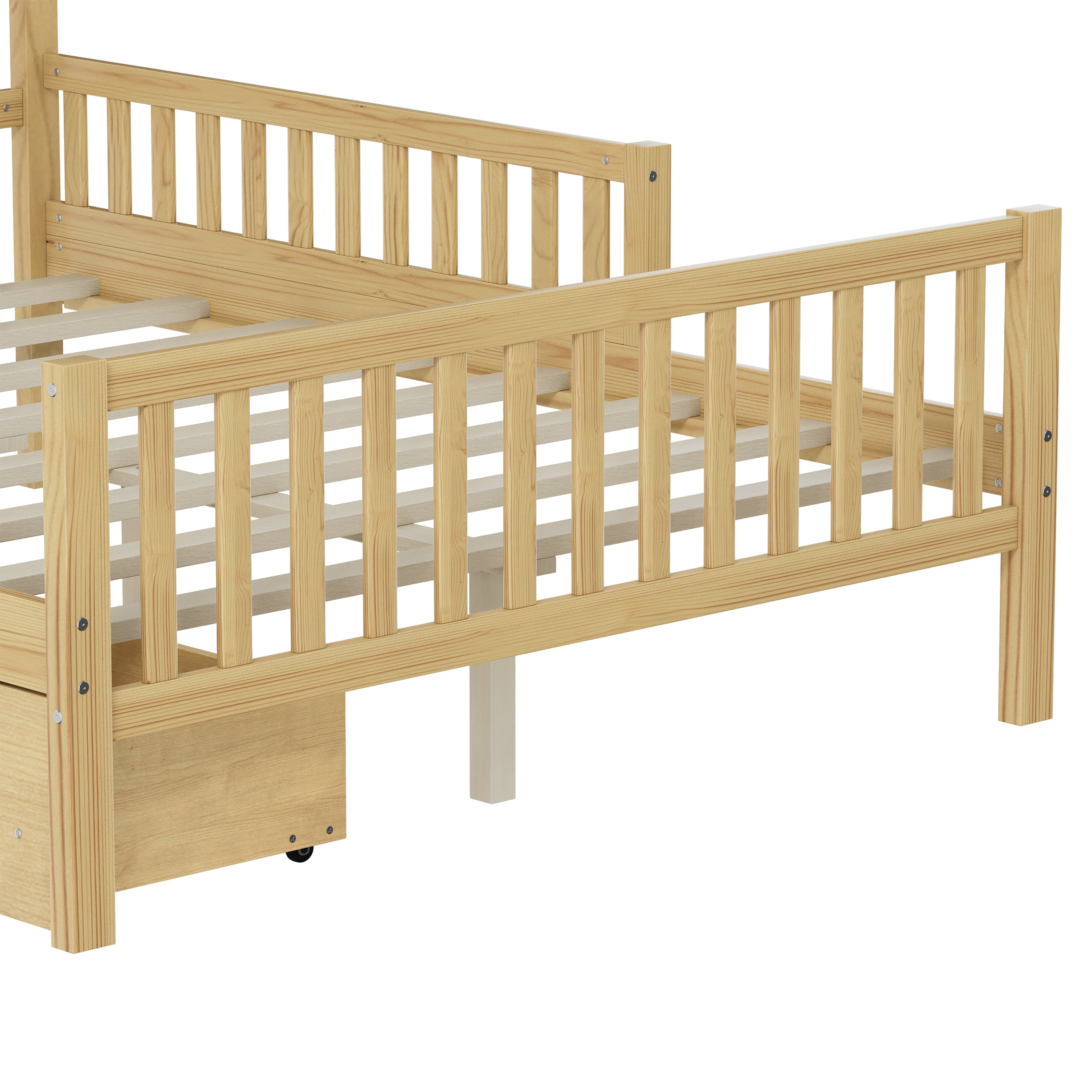 Euroco Wood Full Size Platform Bed with Guardrails and Drawers for Kids Teens Toddlers, Natural