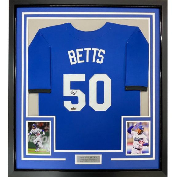 Collectible Framed Facsimile Autographed Mookie Betts 35x39 Los Angeles LA Blue Reprint Laser Auto Baseball Jersey
