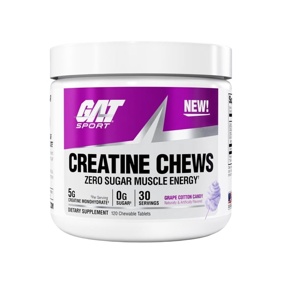GAT SPORT Creatine Chews, Zero Sugar, 5g Pure Creatine Monohydrate, 3rd Party Tested, Brain Health, Muscle, Strength, Anti-oxidant Support, for Men & Women, 30 Servings (Grape Cotton Candy)