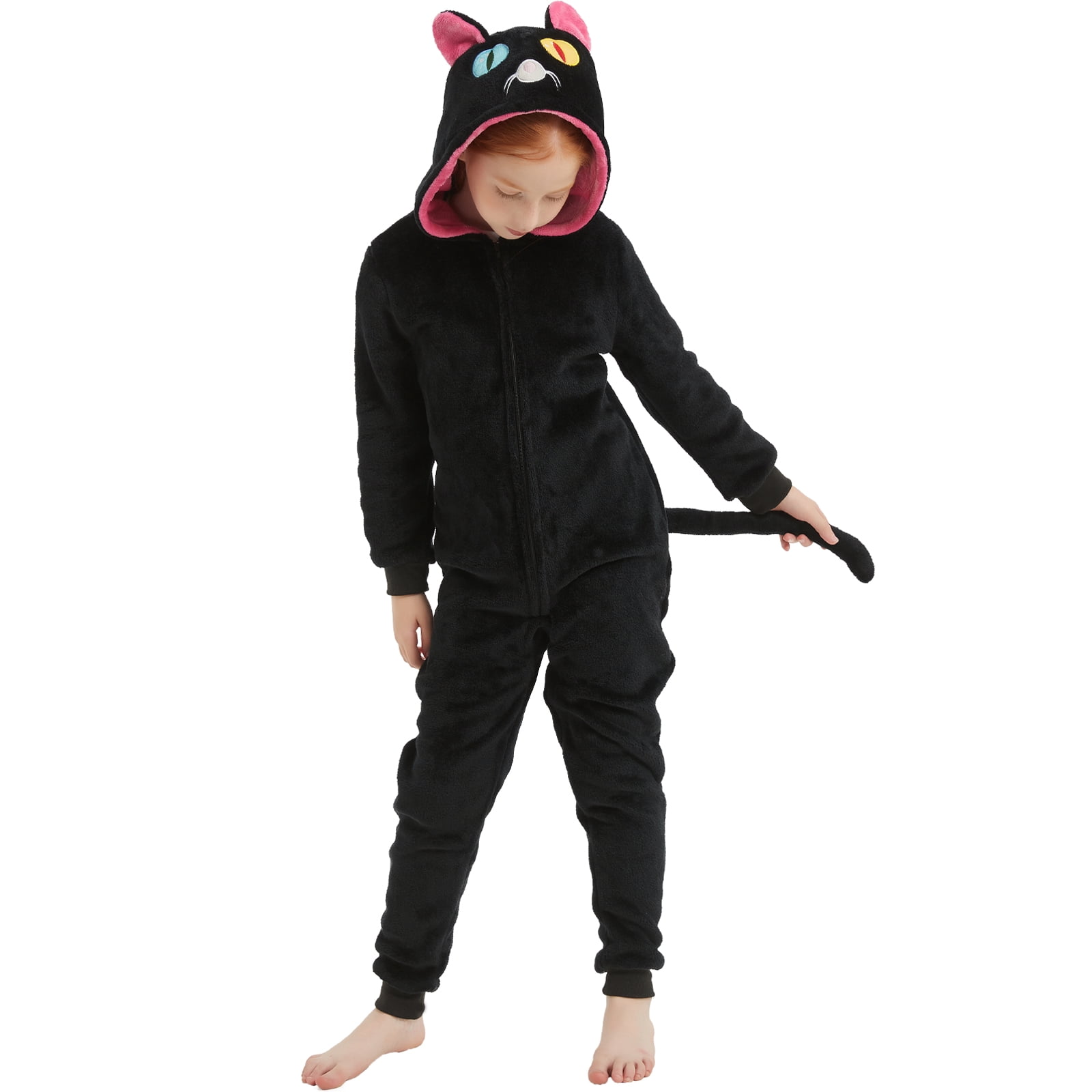 SWEETXIN Kids Cat Onesie Pajamas Halloween Plush Costume Sleepwear Christmas Gift for Girls Boys Jumpsuit 12Years