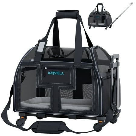 Katziela Luxury Lorry Pet Carrier with Removable Wheels and Double Telescopic Handle Black Pack 1