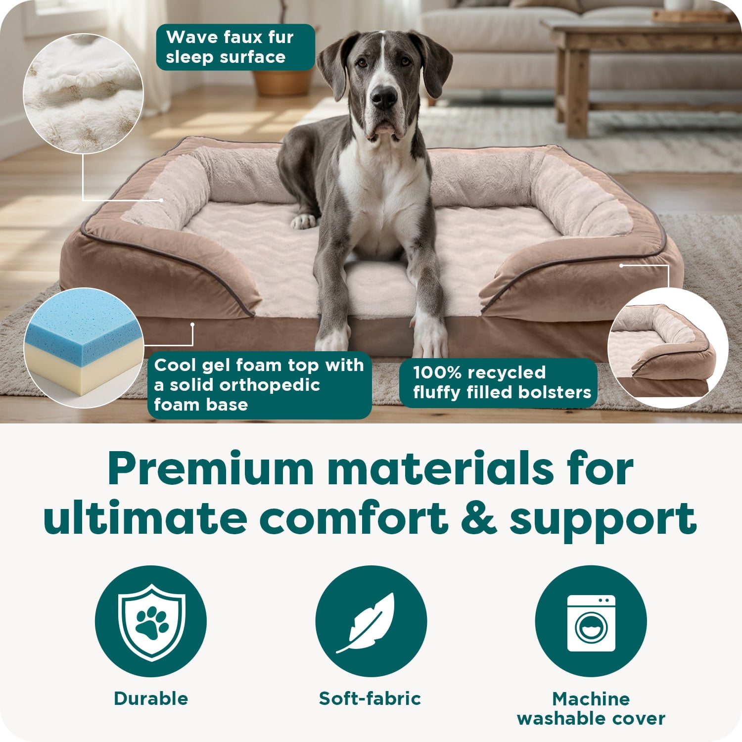FurHaven Pet Products | Cooling Gel Memory Foam Orthopedic Perfect Comfort Velvet Waves Sofa-Style Couch Pet Bed for Dogs & Cats, Brownstone, Jumbo Plus