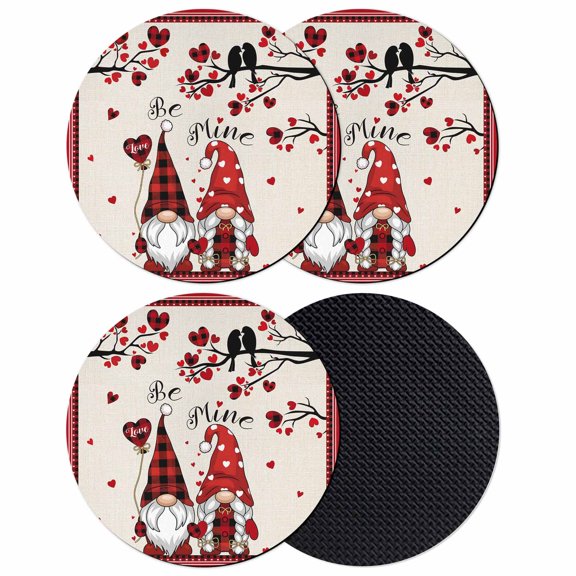 Valentine's Day Coasters Set of 4, Absorbent Coasters for Drinks, Rustic Red Gnomes Love Birds Trees Plaid Coaster for Desk Coffee Table Protection, Home Decor House Warming Gifts 4"