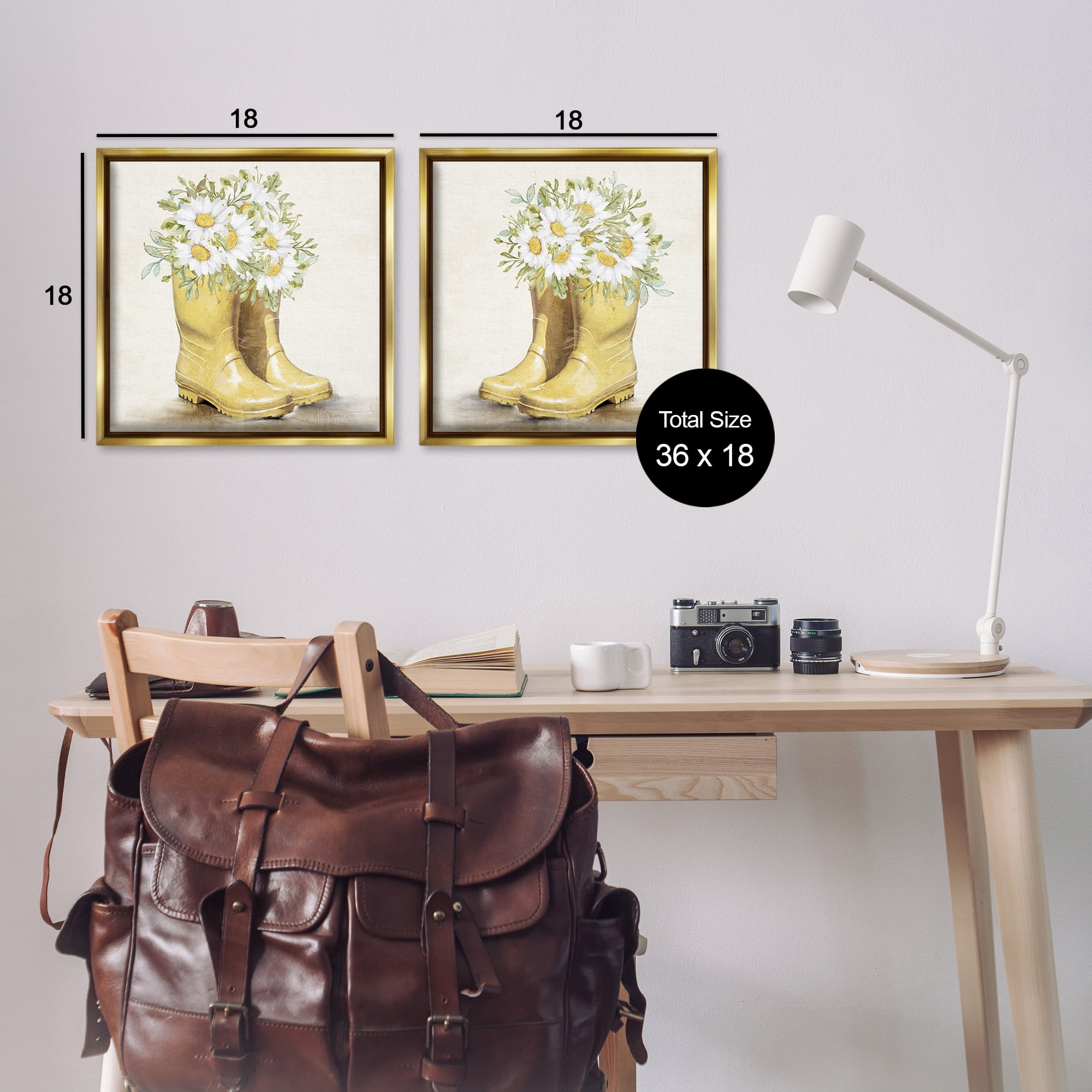 Stupell Industries Yellow Garden Boots Daisies Plants & Flowers Painting Gold Floater Framed Canvas Art Print Wall Art, 18 x 18, Set of 2