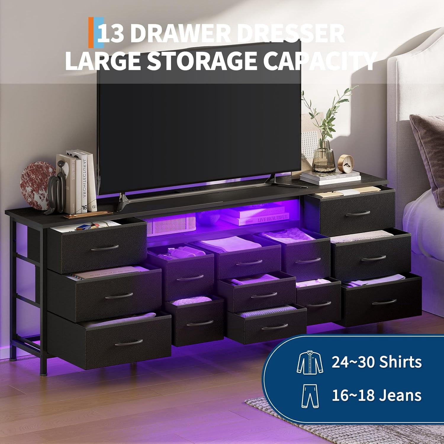 CuisinAid 70-Inch Black Dresser for Bedroom TV Stand with 13 Fabric Drawers Long Dresser with LED Lights and Power Outlets